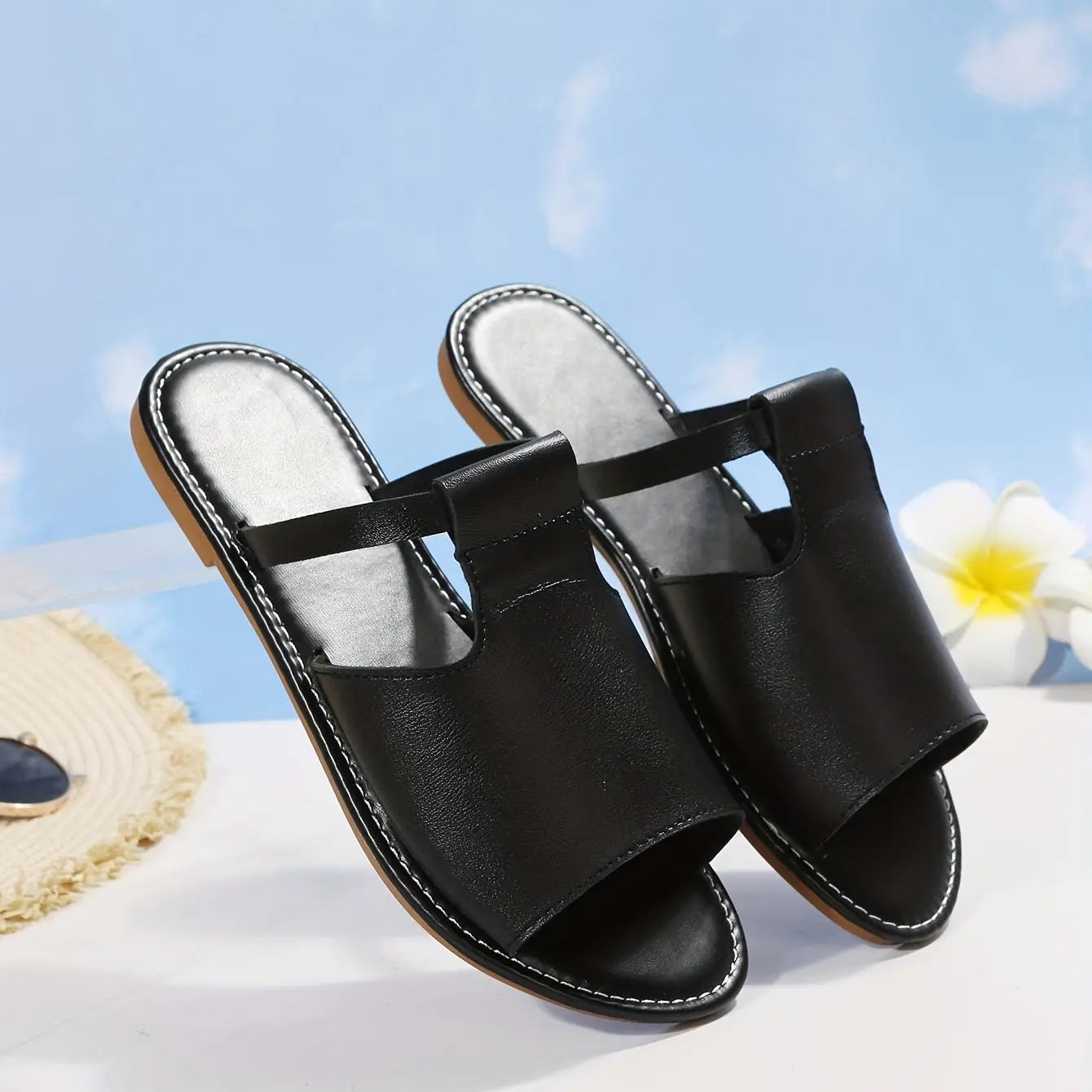 Womens Comfortable Casual Slippers - Stylish Black Open Toe Non-Slip Slides - Durable Outdoor & Beach Ready, Quick-Dry Slip-On Shoes Lady T Fashions