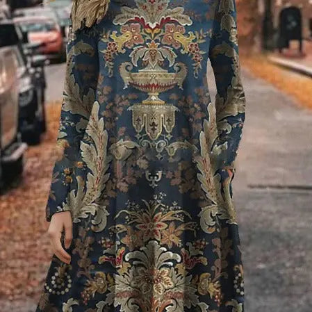 European And American Summer 3D Printing Dress Floral Round Neck Long Sleeve Lady T Fashions