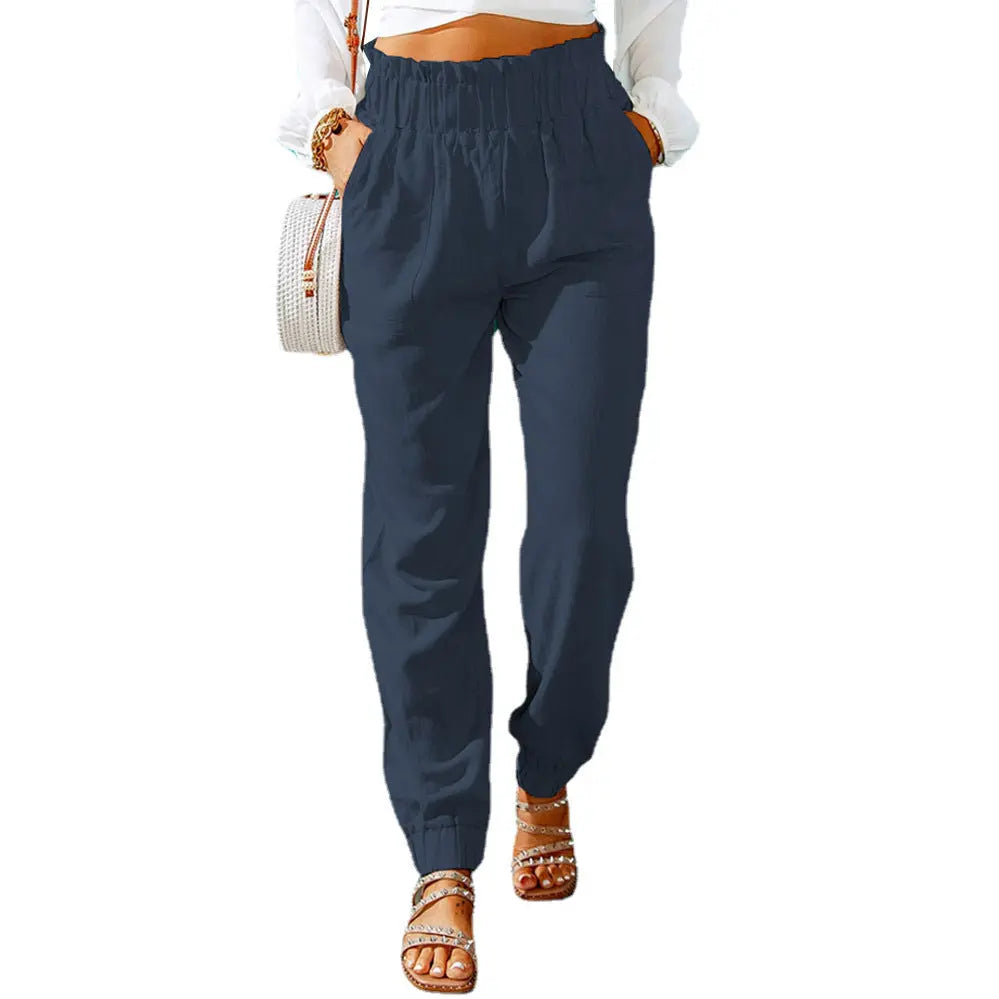 Ruffled Elastic Waistband High Waist Trousers Lady T Fashions