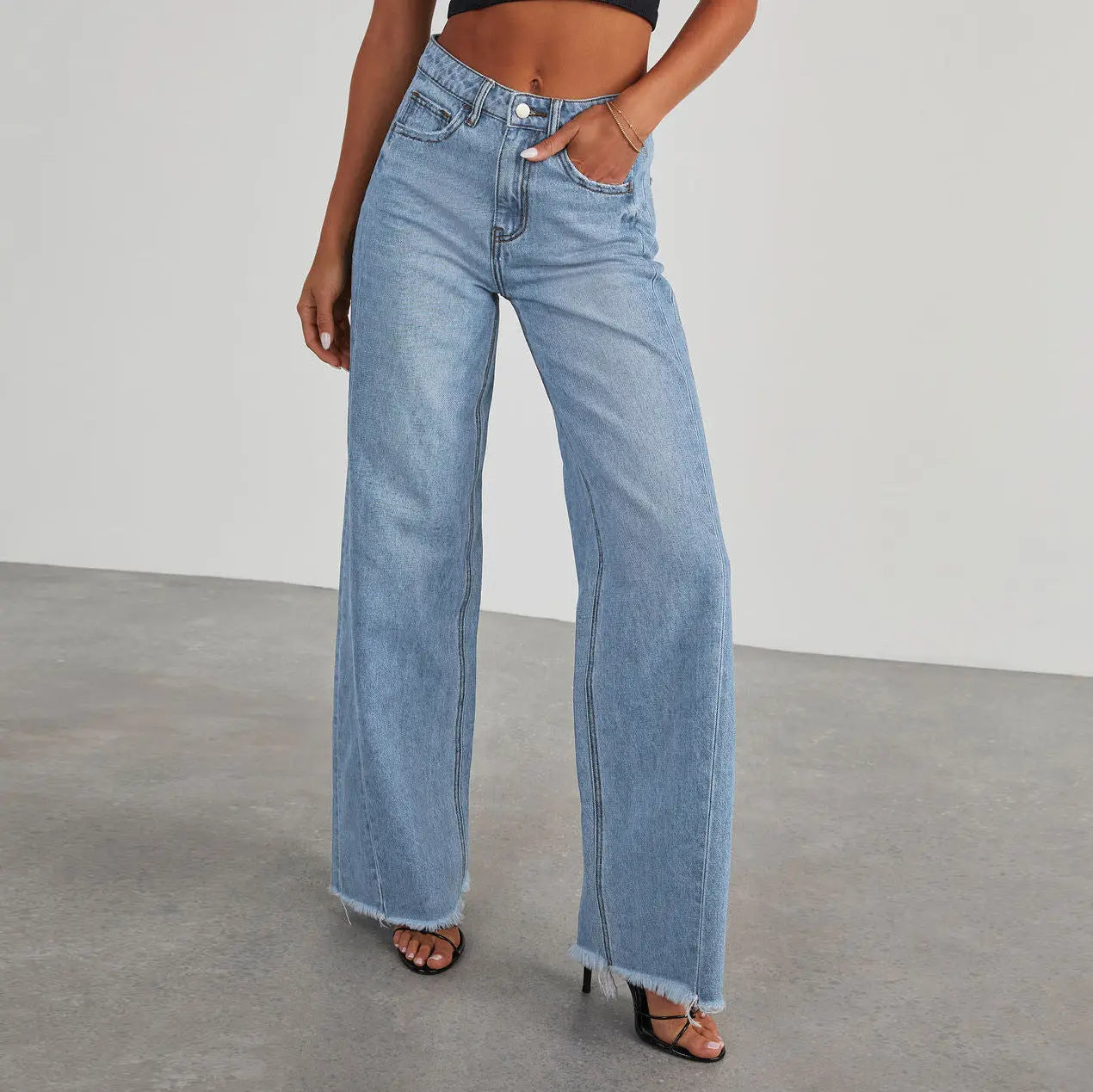 Fashion High Waist Jeans With Pockets Comfortable Slim Fit Straight Wide-leg Pants Womens Clothing Lady T Fashions
