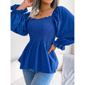 Women's Peplum Tops Square Neck Ruffle Trim Long Sleeve Blouse Smocked Top Dressy Casual Shirts Lady T Fashions