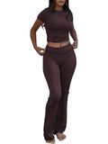 Casual Solid Color Slim Fit Two-piece Pants Set, Short Sleeved Round Neck T-shirt And Tight Flared Pants Sports Pants Clothing, Women's Clothing Lady T Fashions