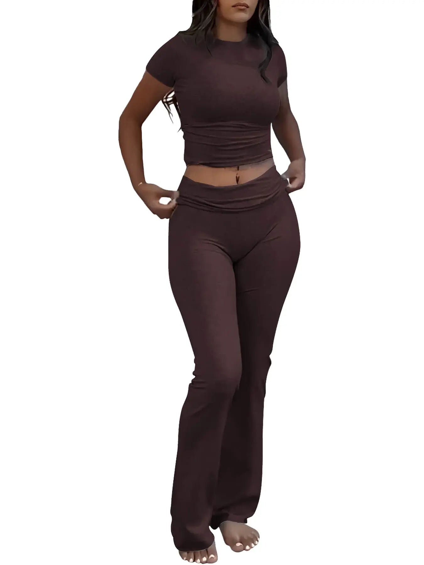 Casual Solid Color Slim Fit Two-piece Pants Set, Short Sleeved Round Neck T-shirt And Tight Flared Pants Sports Pants Clothing, Women's Clothing Lady T Fashions