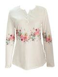 Spring And Autumn New Style White Buttoned Rose Print Long Sleeve T-shirt Casual Top Lady T Fashions