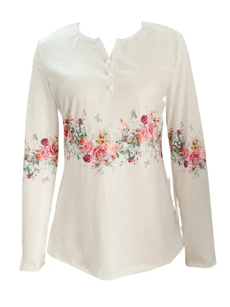 Spring And Autumn New Style White Buttoned Rose Print Long Sleeve T-shirt Casual Top Lady T Fashions