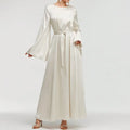Elegant Round Neck Solid Color Flared Maxi Dress Long Sleeve With Pearl Cuff Detail, Modest A-Line Middle Eastern Abaya Party & Vacation Dress For Women Lady T Fashions