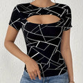 Ladies' Geometric Print Design Casual Style Hollowed Out Front Collar Round Neck Shoulder T-shirt Top Lady T Fashions
