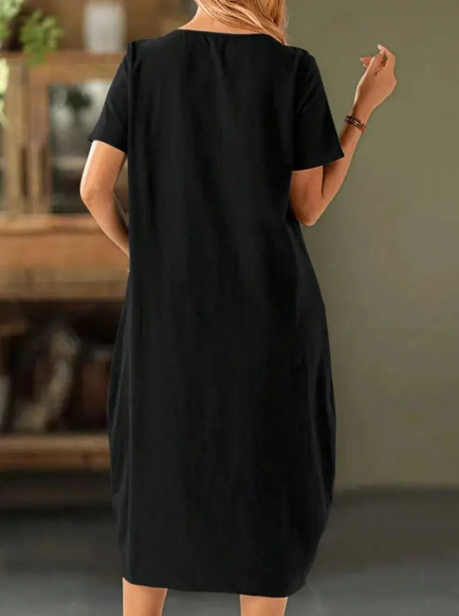 Women's Solid Color Button Front Short Sleeve Pocket Casual Dress Lady T Fashions