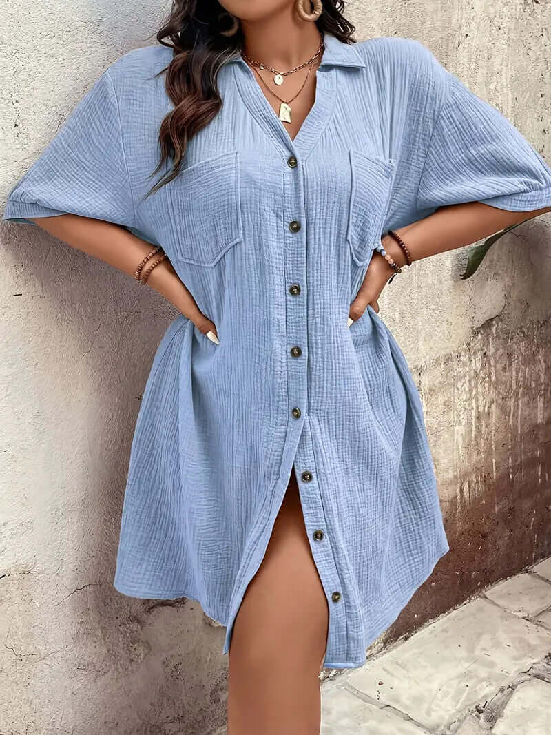 Womens Cotton Shirt Dress Summer Casual Short Sleeve Button Down V Neck Loose Mini Dress With Pockets Lady T Fashions