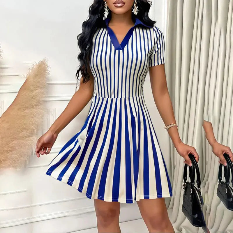 Women's Polo Dress Elegant Striped V Neck Short Sleeve A Line Dresses Lady T Fashions