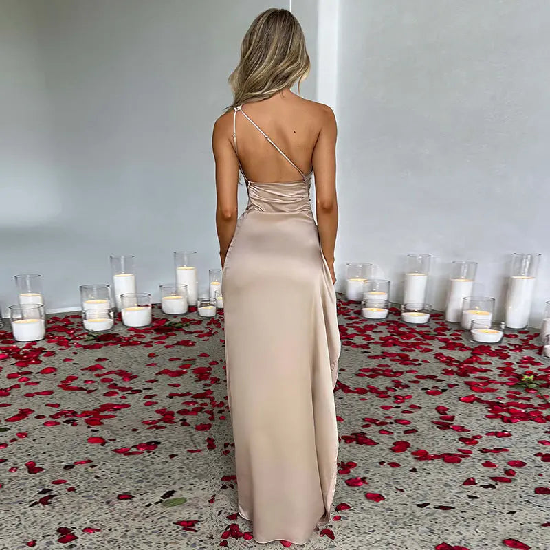 Sexy One-shoulder Backless Slit Dress Summer Elegant Slim-fit Solid Color Satin Dresses For Women Lady T Fashions
