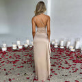 Sexy One-shoulder Backless Slit Dress Summer Elegant Slim-fit Solid Color Satin Dresses For Women Lady T Fashions
