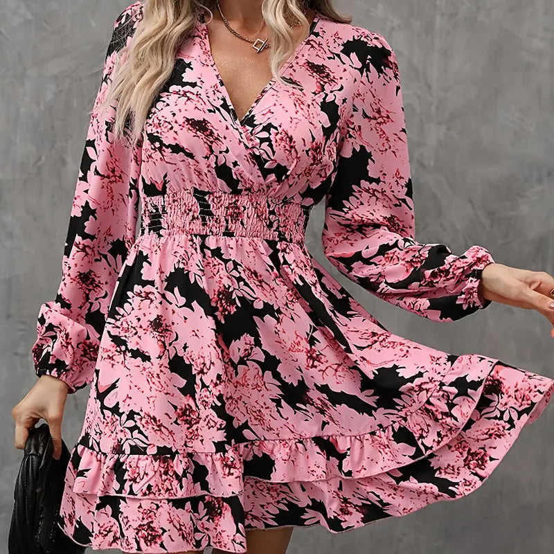 Women's Elegant Printed Lantern Sleeve A-Line Dress V-Neck, Ruffled Gathered Waist Detail, Flowy Midi Dress For Casual & Formal Occasions Lady T Fashions