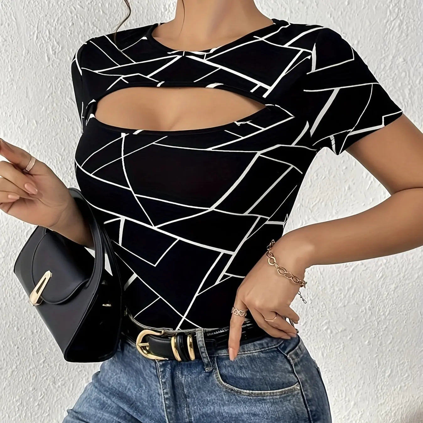 Ladies' Geometric Print Design Casual Style Hollowed Out Front Collar Round Neck Shoulder T-shirt Top Lady T Fashions