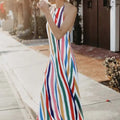 Ladies' Contrasting Striped Print Hanging Pleats Loose And Versatile Off Shoulder Hanging Neck Lace Up Backless Dress Lady T Fashions