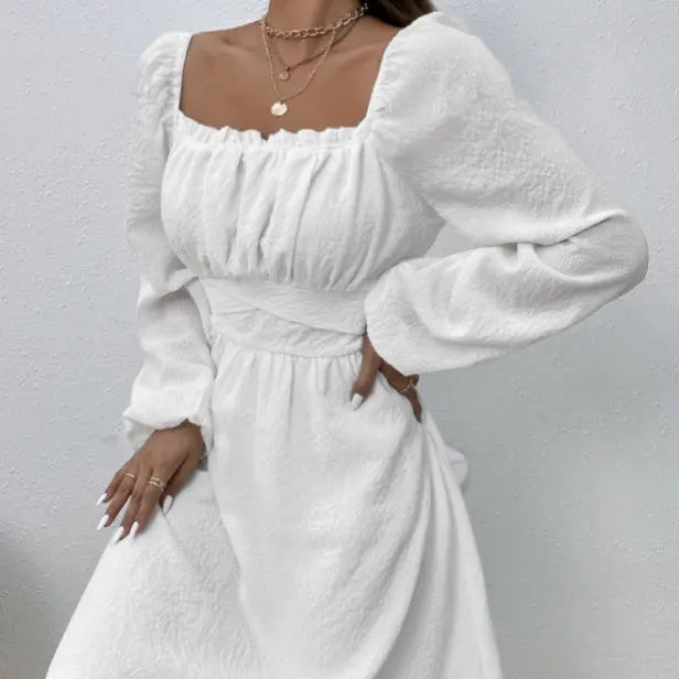 Ladies' Fashion Elegant Solid Color Collar Lace Fold Waist A-list Dress Lady T Fashions