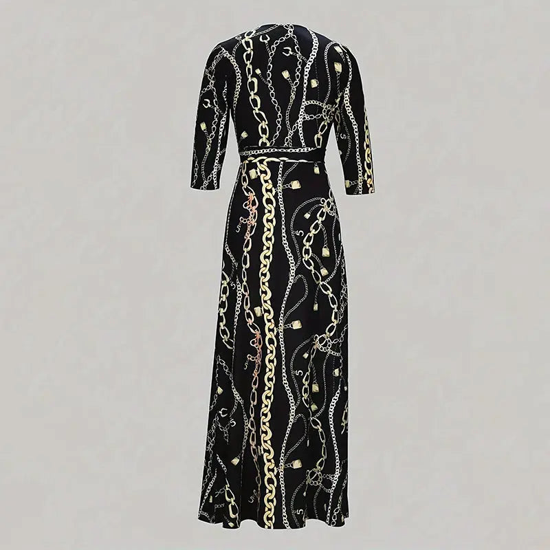 Women's V-Neck Elegant Half-Sleeve Belted Waist Print Maxi Dress For Spring&Summer Dress Lady T Fashions