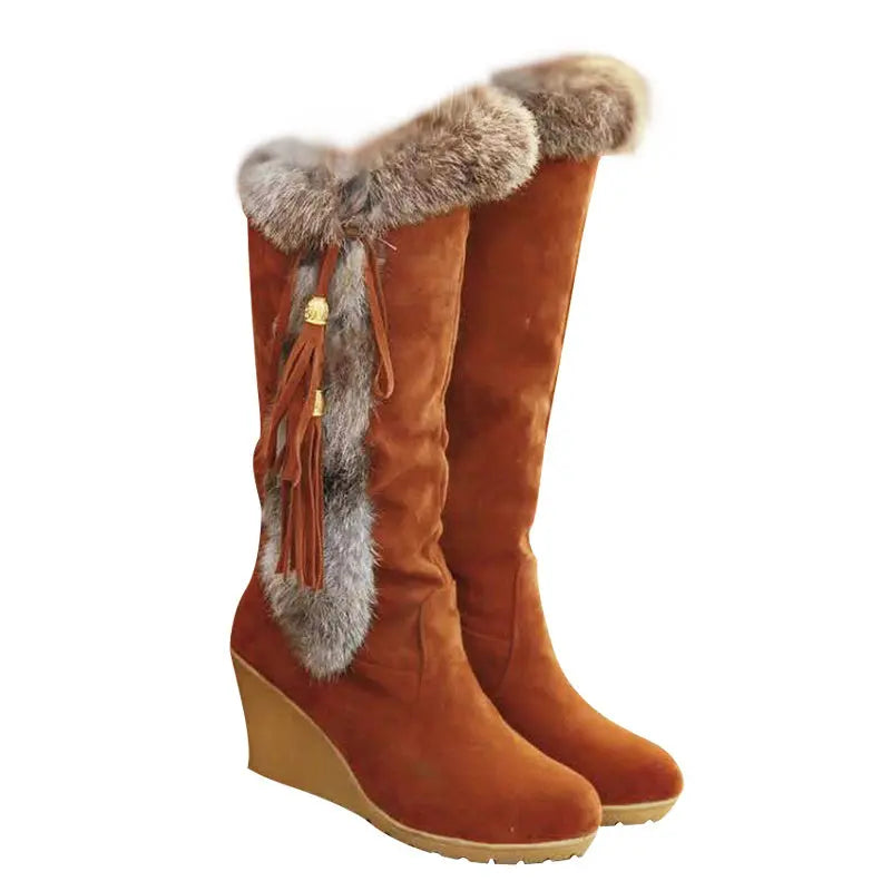 Women's Wedge Knee High Snow Boots, Plush Comfy Lace Up Round Toe Shoes, Winter Thermal Shoes Lady T Fashions