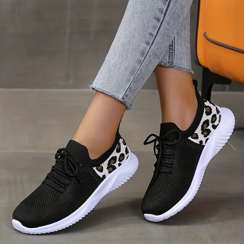 Women's Leopard Knit Sports Shoes, Breathable Lace Up Low Top Running Shoes, Casual Walking Tennis Sneakers Lady T Fashions