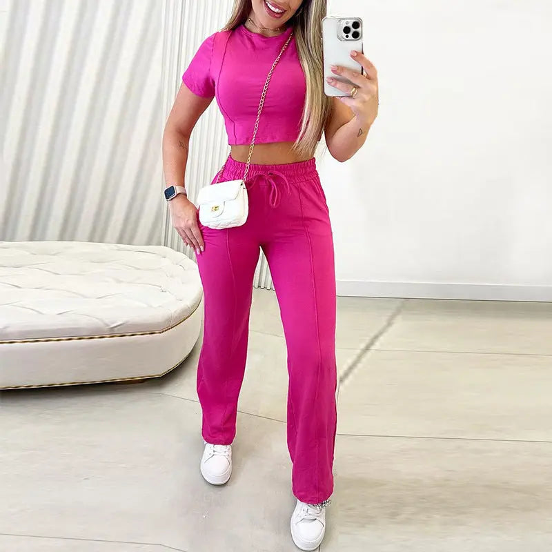 Round Neck Short Sleeve Straight Pants Sports Casual Suit Lady T Fashions