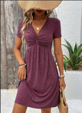Color Cotton Short Sleeve V-neck Design Chest Twist Waist Dress Lady T Fashions