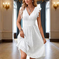 Women's Solid Color V-Neck Lace Short Sleeve Dress With Elastic Waist - A-Line Flowy Midi Dress For Summer Vacation Lady T Fashions