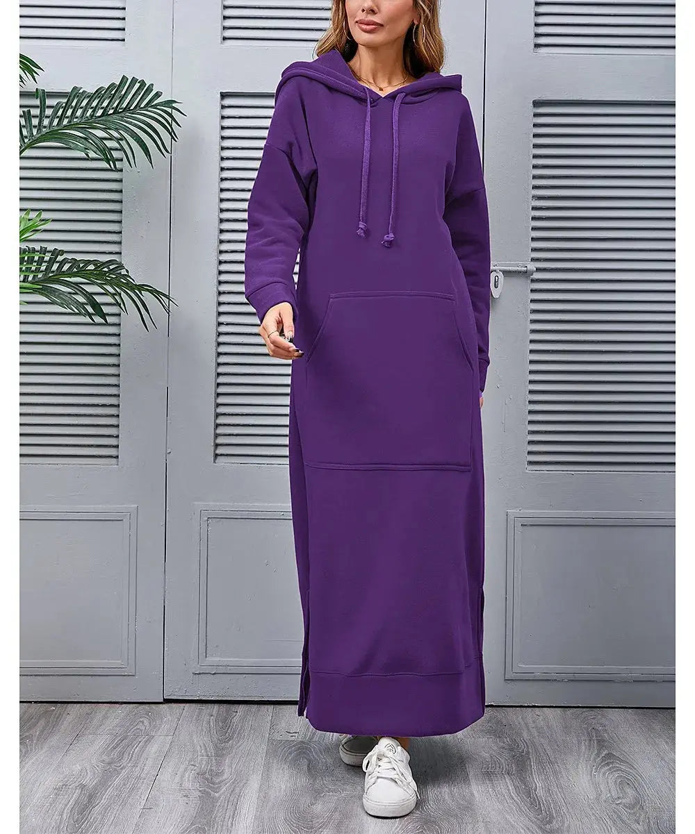 Hoodies Dress for Women Fashion  2024 Hem Lace-up Midi Robe Hooded Long Vestidos Winter Warm Casual Loose Sweatshirt Dress - Lady T Fashions