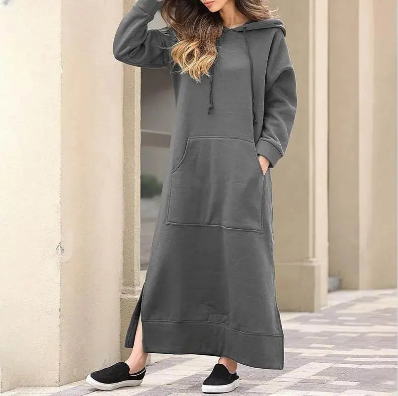Hoodies Dress for Women Fashion  2024 Hem Lace-up Midi Robe Hooded Long Vestidos Winter Warm Casual Loose Sweatshirt Dress - Lady T Fashions