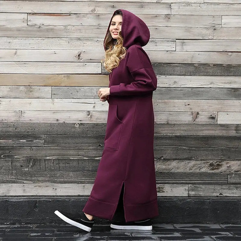 Hoodies Dress for Women Fashion  2024 Hem Lace-up Midi Robe Hooded Long Vestidos Winter Warm Casual Loose Sweatshirt Dress - Lady T Fashions