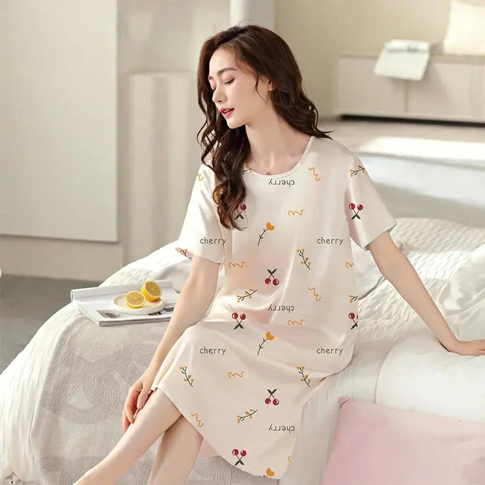Plus Size Casual Pajamas Women's Graffiti Printed Short Sleeve Round Neck Tee Dress Medium Stretch Ice Silk Nightgowns - Lady T Fashions