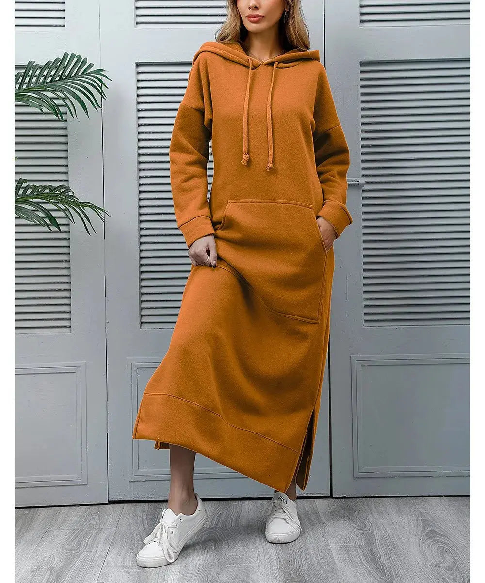 Hoodies Dress for Women Fashion  2024 Hem Lace-up Midi Robe Hooded Long Vestidos Winter Warm Casual Loose Sweatshirt Dress - Lady T Fashions