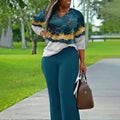 All Over Print Two-piece Set, V Neck Long Sleeve Top & Wide Leg Pants Outfits, Women's Clothing - Lady T Fashions