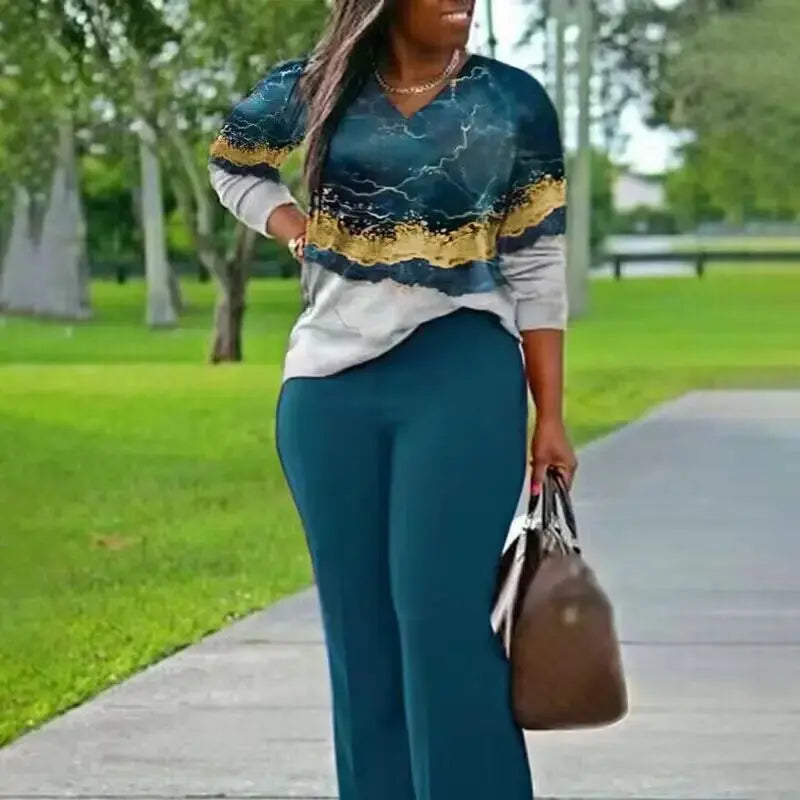 All Over Print Two-piece Set, V Neck Long Sleeve Top & Wide Leg Pants Outfits, Women's Clothing - Lady T Fashions