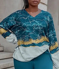 All Over Print Two-piece Set, V Neck Long Sleeve Top & Wide Leg Pants Outfits, Women's Clothing - Lady T Fashions