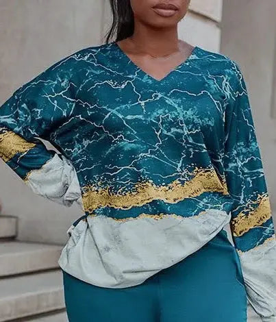 All Over Print Two-piece Set, V Neck Long Sleeve Top & Wide Leg Pants Outfits, Women's Clothing - Lady T Fashions