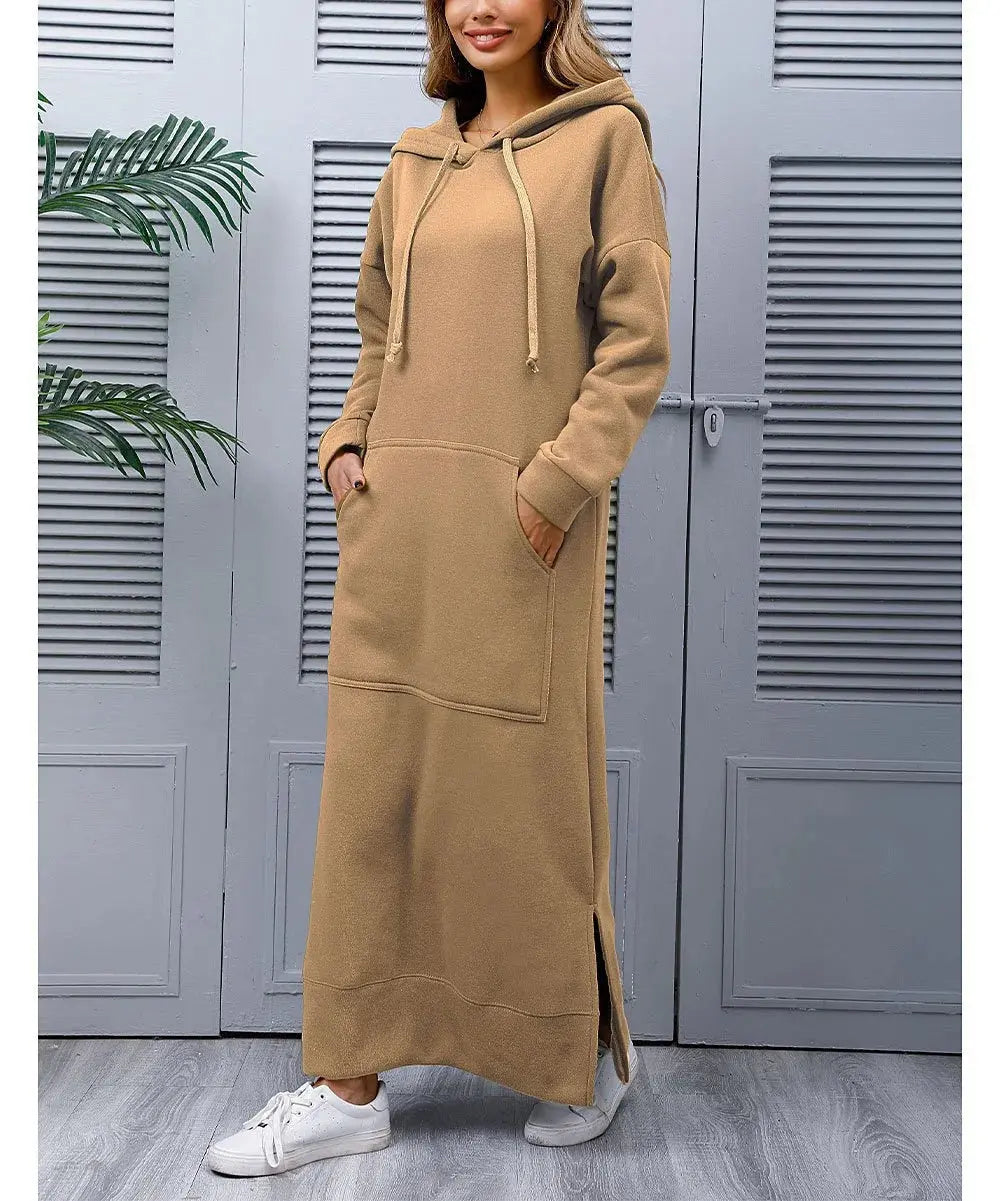 Hoodies Dress for Women Fashion  2024 Hem Lace-up Midi Robe Hooded Long Vestidos Winter Warm Casual Loose Sweatshirt Dress - Lady T Fashions