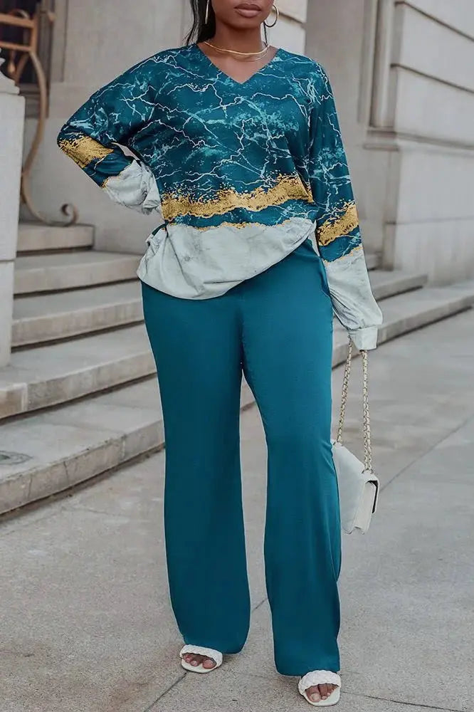 All Over Print Two-piece Set, V Neck Long Sleeve Top & Wide Leg Pants Outfits, Women's Clothing - Lady T Fashions