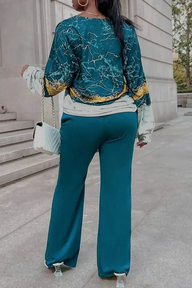 All Over Print Two-piece Set, V Neck Long Sleeve Top & Wide Leg Pants Outfits, Women's Clothing - Lady T Fashions