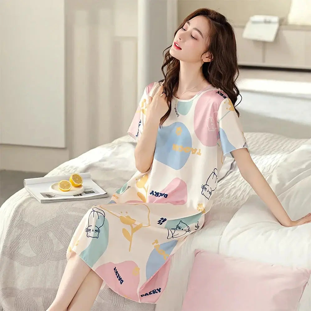 Plus Size Casual Pajamas Women's Graffiti Printed Short Sleeve Round Neck Tee Dress Medium Stretch Ice Silk Nightgowns - Lady T Fashions