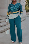 All Over Print Two-piece Set, V Neck Long Sleeve Top & Wide Leg Pants Outfits, Women's Clothing - Lady T Fashions
