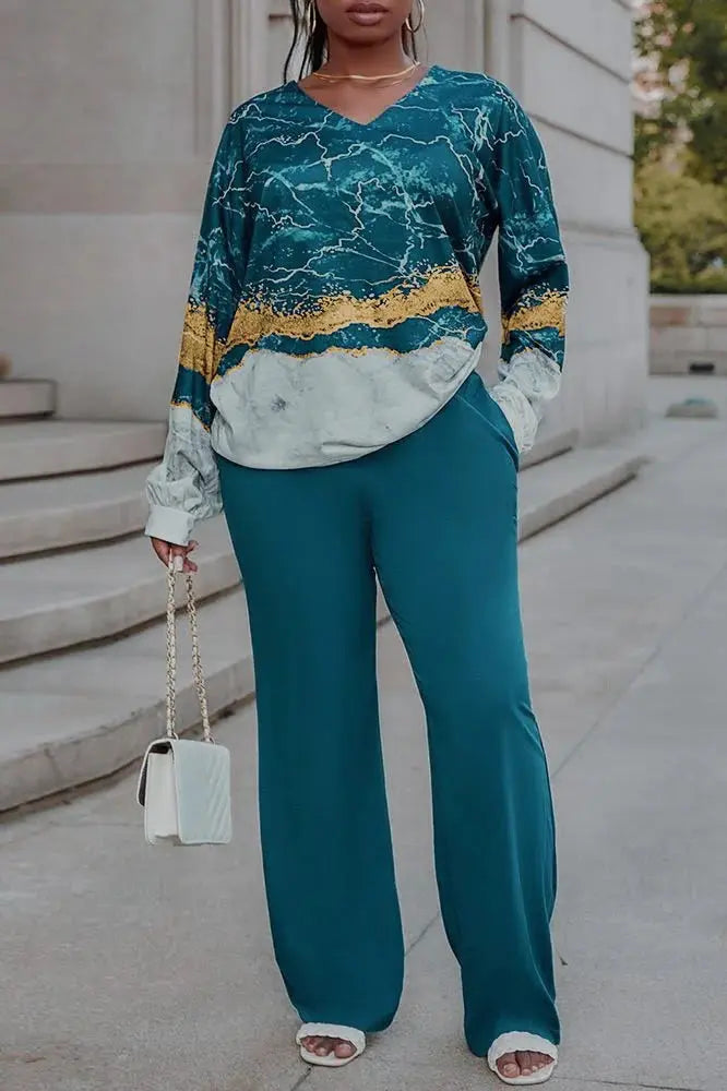 All Over Print Two-piece Set, V Neck Long Sleeve Top & Wide Leg Pants Outfits, Women's Clothing - Lady T Fashions