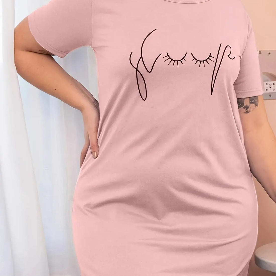Plus Size Casual Pajamas Women's Graffiti Printed Short Sleeve Round Neck Tee Dress Medium Stretch Ice Silk Nightgowns - Lady T Fashions