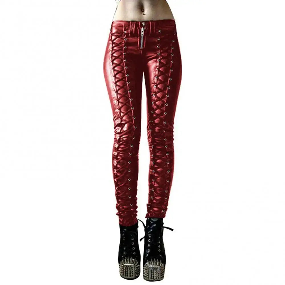 Women Pants Steampunk Women Faux Leather Ruffle Pants Carnival Party Skinny Button Trousers женские штаны mujer pantalones 2021 - Lady T Fashions