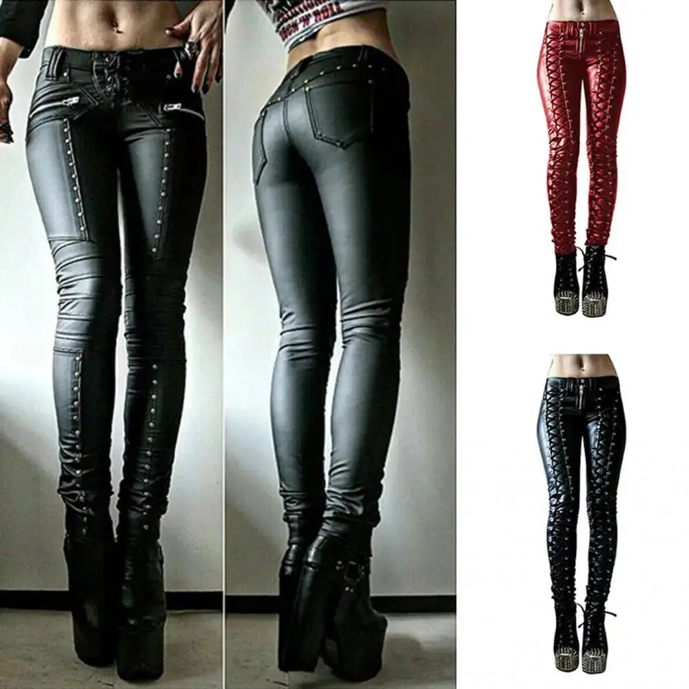 Women Pants Steampunk Women Faux Leather Ruffle Pants Carnival Party Skinny Button Trousers женские штаны mujer pantalones 2021 - Lady T Fashions