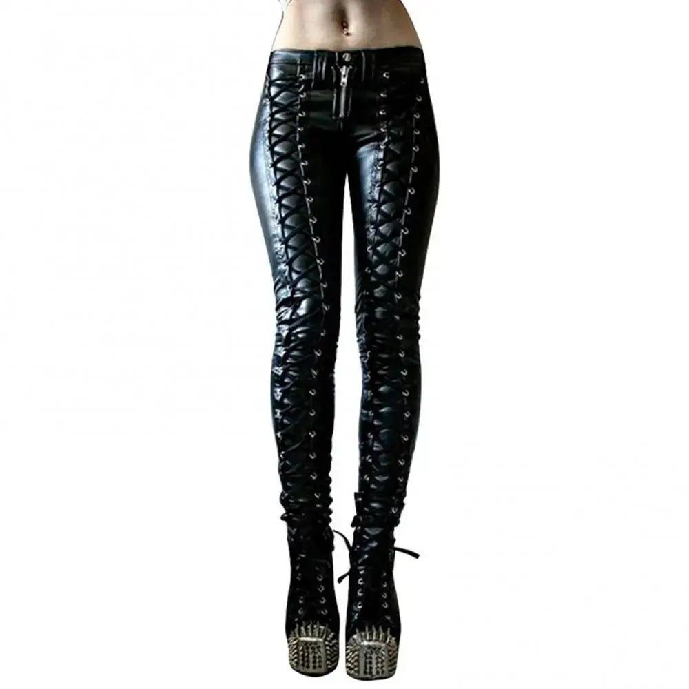 Women Pants Steampunk Women Faux Leather Ruffle Pants Carnival Party Skinny Button Trousers женские штаны mujer pantalones 2021 - Lady T Fashions