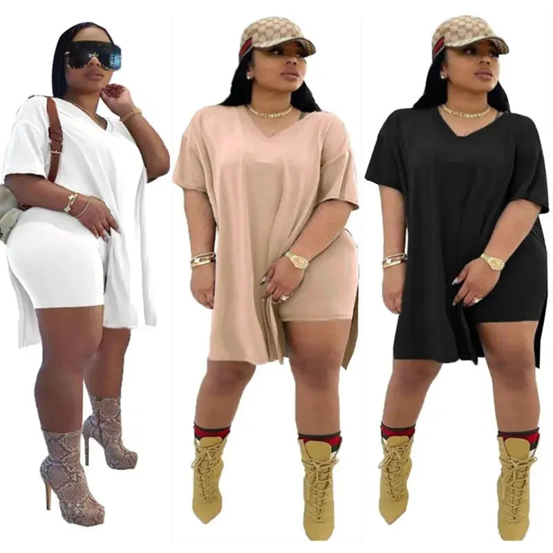 Plus Size Women Clothing Two Piece Set 4xl Summer Wholesale Dropshipping Slip HemTop Shorts Suit Casual Tracksuit Streetwear - Lady T Fashions