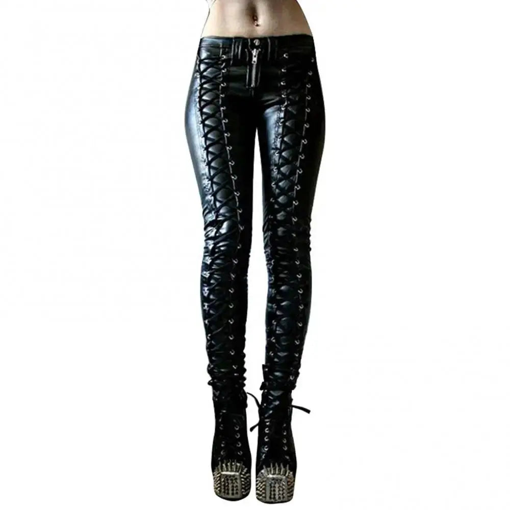Women Pants Steampunk Women Faux Leather Ruffle Pants Carnival Party Skinny Button Trousers женские штаны mujer pantalones 2021 - Lady T Fashions