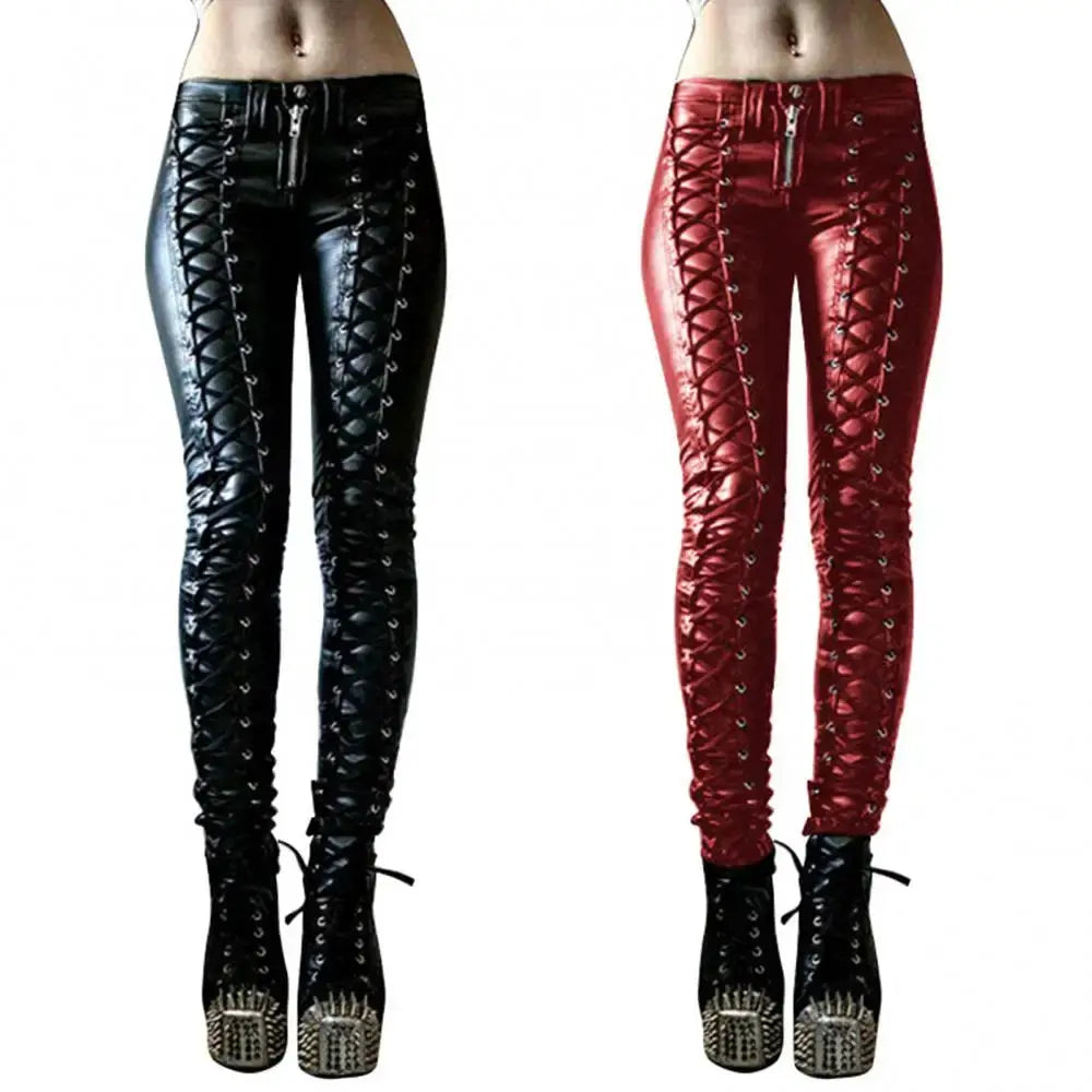 Women Pants Steampunk Women Faux Leather Ruffle Pants Carnival Party Skinny Button Trousers женские штаны mujer pantalones 2021 - Lady T Fashions