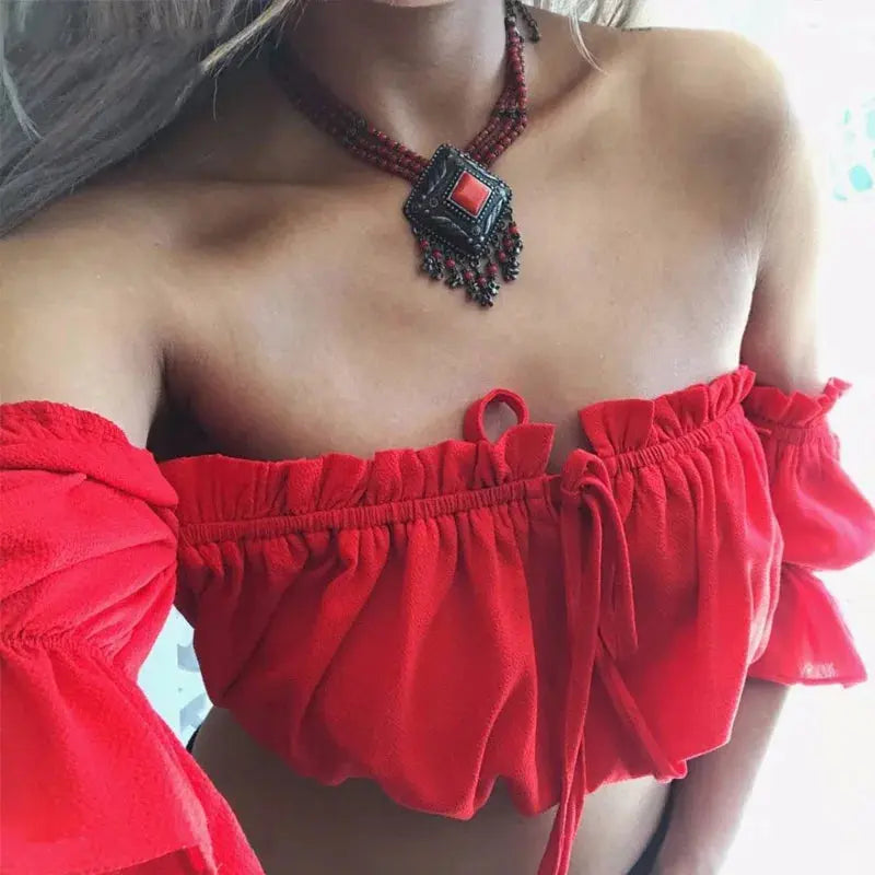 crop tops women summer lantern sleeve sexy strapless beach tops red black white ruched crop top tank top croptop - Lady T Fashions