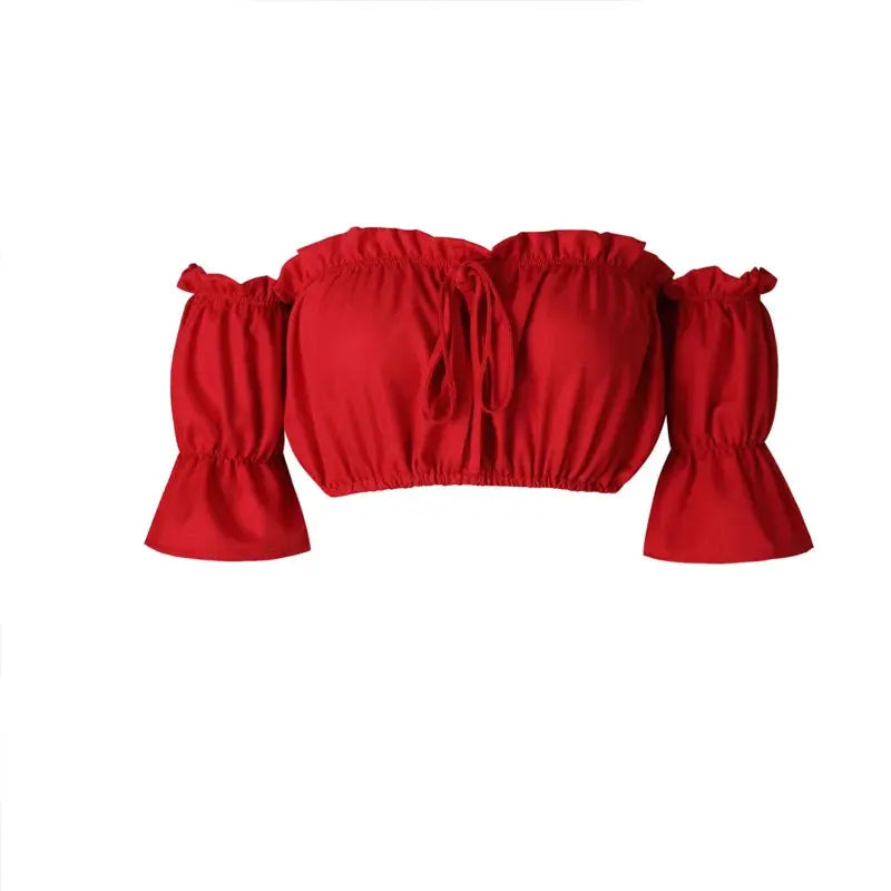 crop tops women summer lantern sleeve sexy strapless beach tops red black white ruched crop top tank top croptop - Lady T Fashions